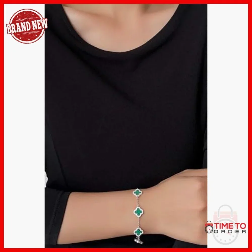 925 Sterling Silver Adjustable Malachite Clover Charm Bracelet